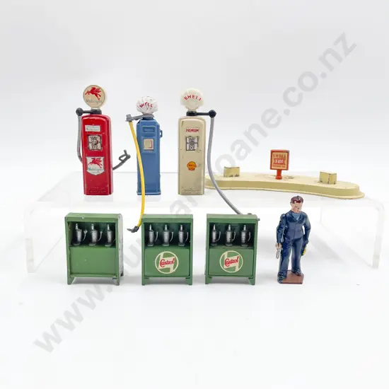 Vintage Britians and Crescent Metal Petrol Pumps Oil Stands and Attendant