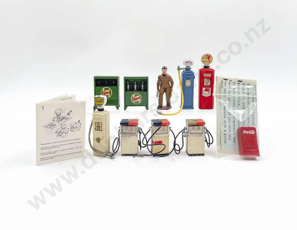 Vintage Britians and Crescent Metal Petrol Pumps Oil Stands and Attendant set three plastic pumps Image 1++