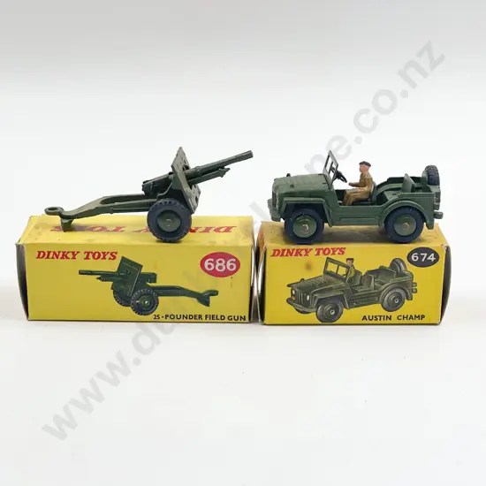 Boxed Dinky 674 Austin Camp and 686 25-Pounder Field Gun