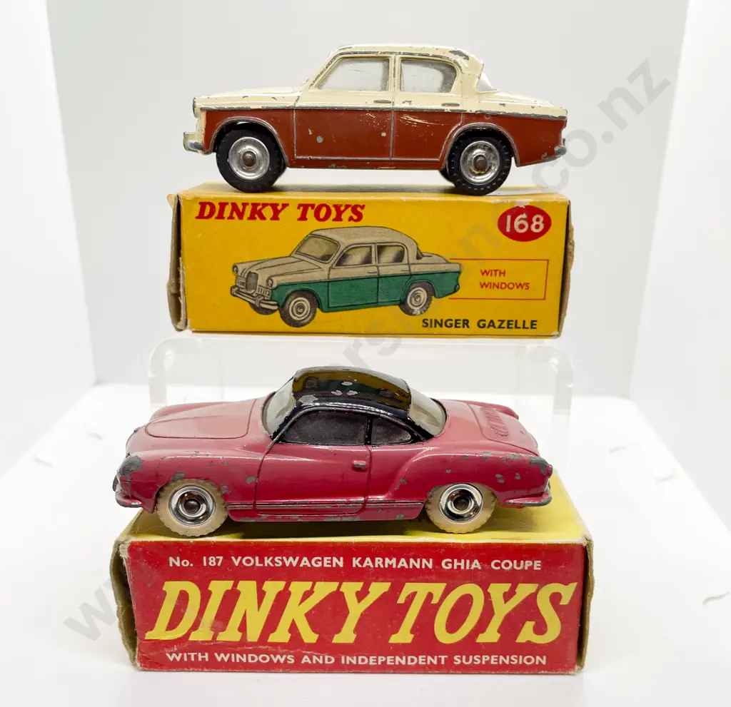 Dinky Boxed 168 Singer Gazelle and 187 Volkswagen Karmann Ghia Coupe playworn models Image 1++
