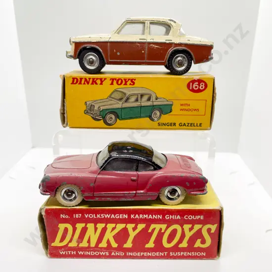 Dinky Boxed 168 Singer Gazelle and 187 Volkswagen Karmann Ghia Coupe playworn models