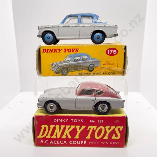 Dinky Boxed 167 AC Aceca Coupe and 175 Hillman Minx Saloon playworn models