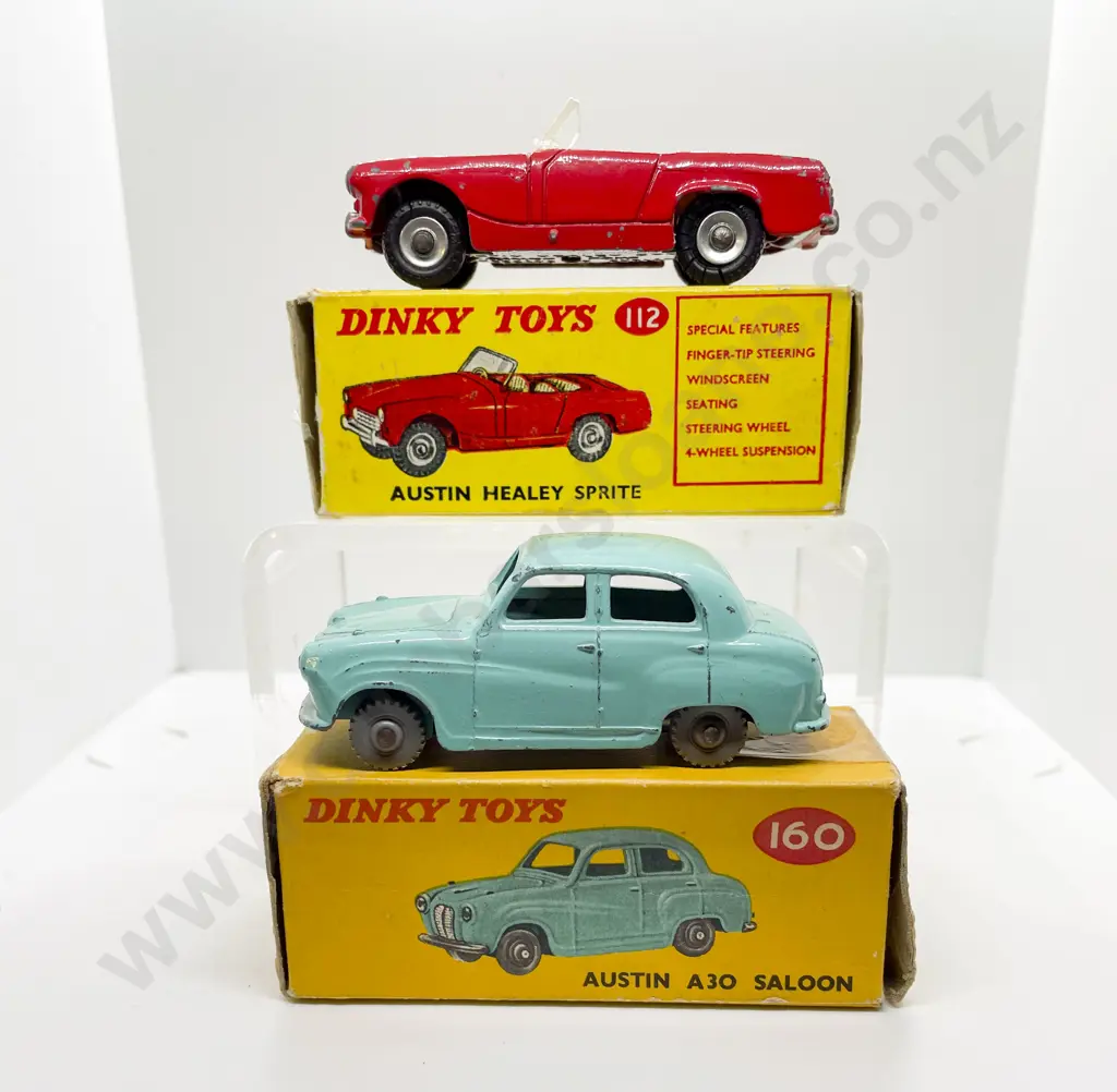 Dinky Boxed 160 Austin A30 Saloon and 112 Austin Healey Sprite playworn models Image 1++