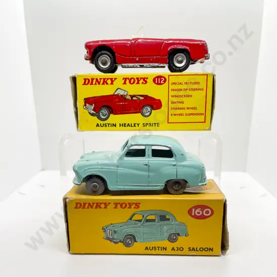 Dinky Boxed 160 Austin A30 Saloon and 112 Austin Healey Sprite playworn models
