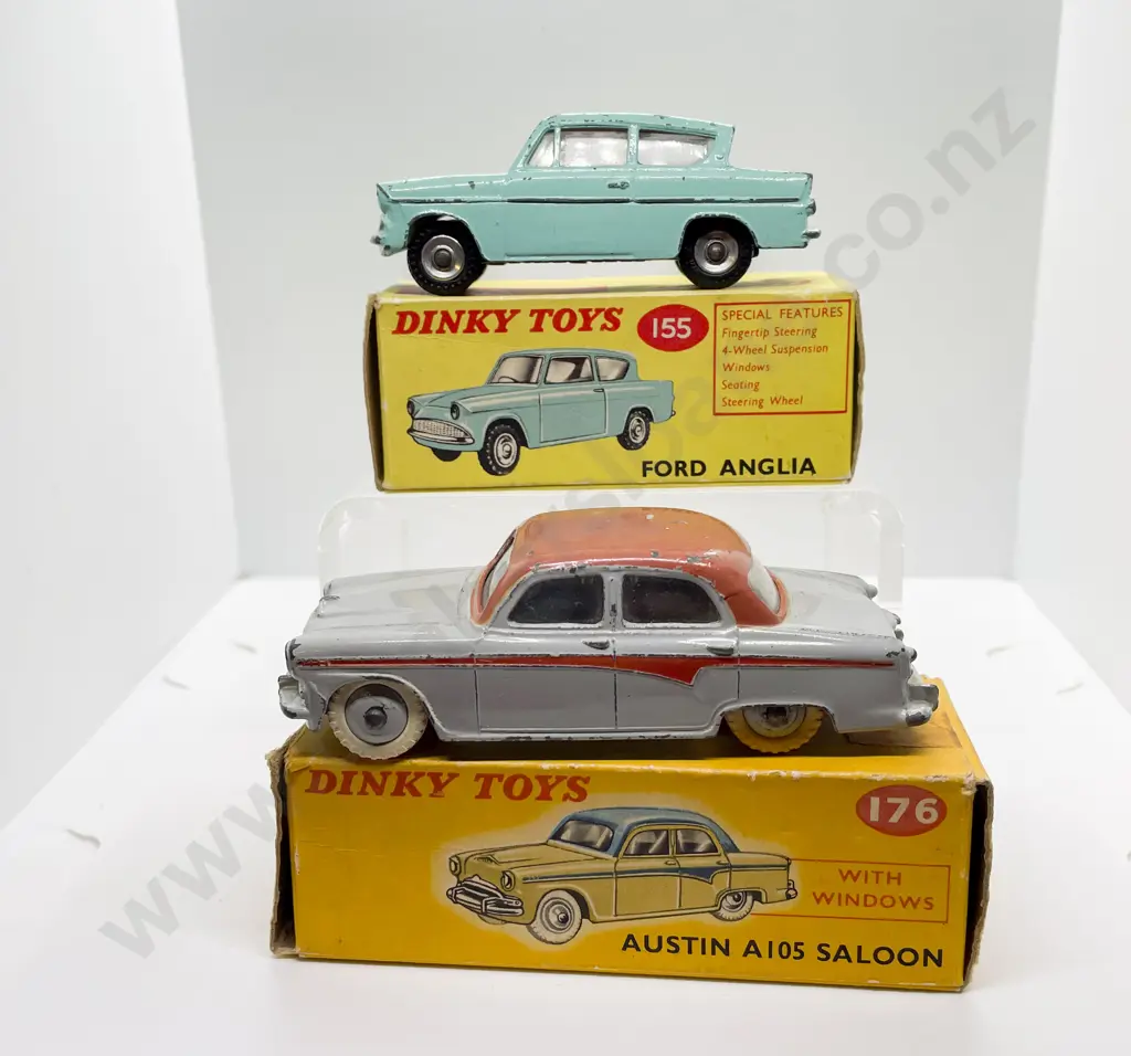 Dinky Boxed 155 Ford Anglia and 176 Austin A105 Saloon playworn models Image 1++