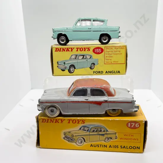 Dinky Boxed 155 Ford Anglia and 176 Austin A105 Saloon playworn models