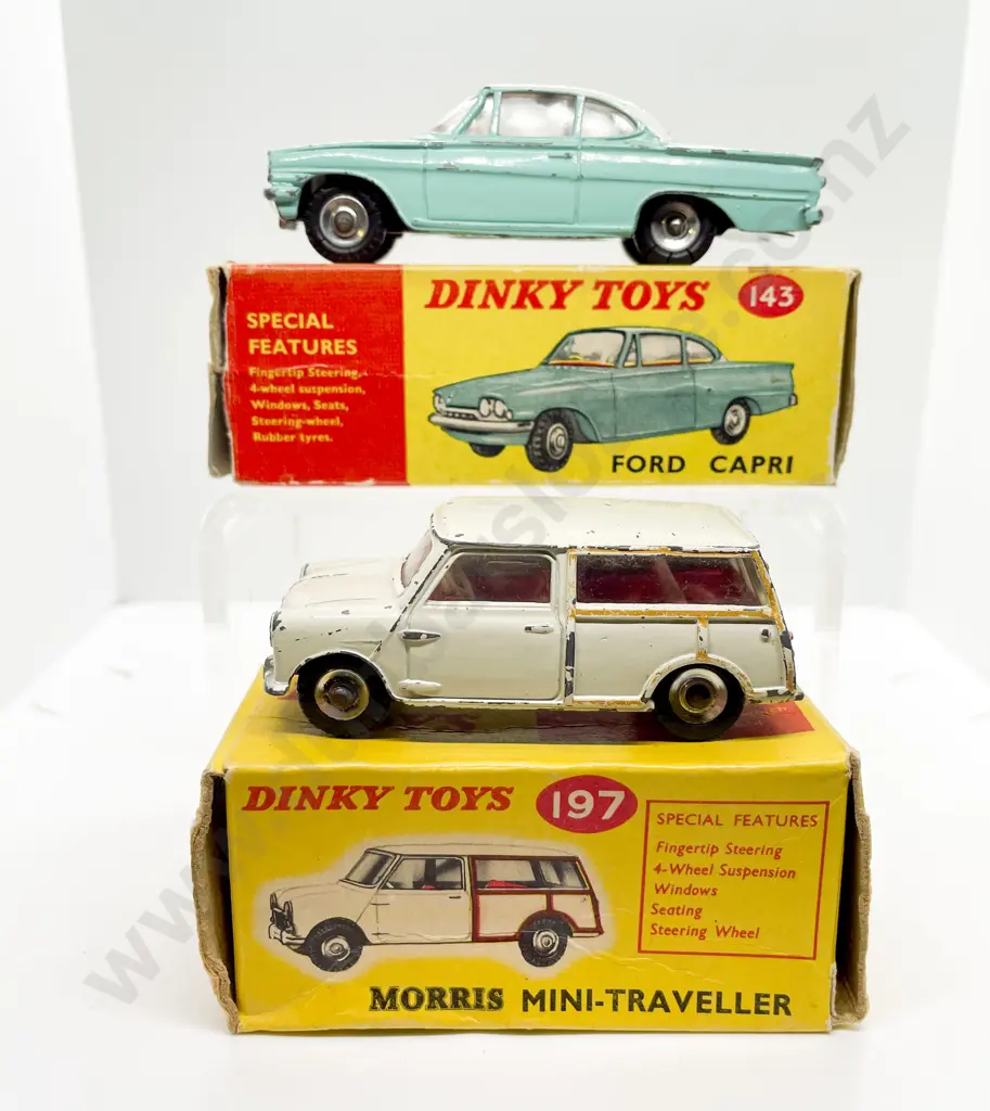 Dinky Boxed 143 Ford Capri and 197 Morris Mini-Traveller playworn models Image 1++