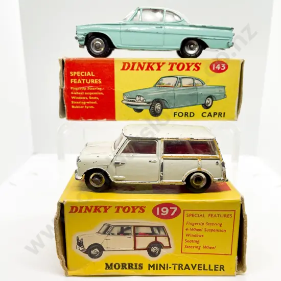 Dinky Boxed 143 Ford Capri and 197 Morris Mini-Traveller playworn models