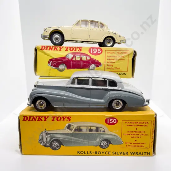 Dinky Boxed 150 Rolls-Royce Silver Wraith and 195 Jaguar 3.4 Saloon playworn models