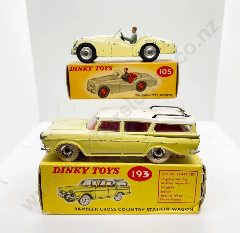 Dinky Boxed 193 Rambler Cross Country Station Wagon and 105 Triumph TR2 Sports playworn models Image 1++