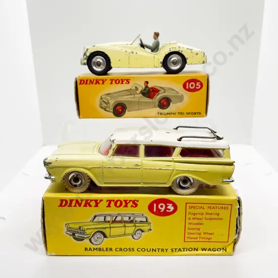 Dinky Boxed 193 Rambler Cross Country Station Wagon and 105 Triumph TR2 Sports playworn models