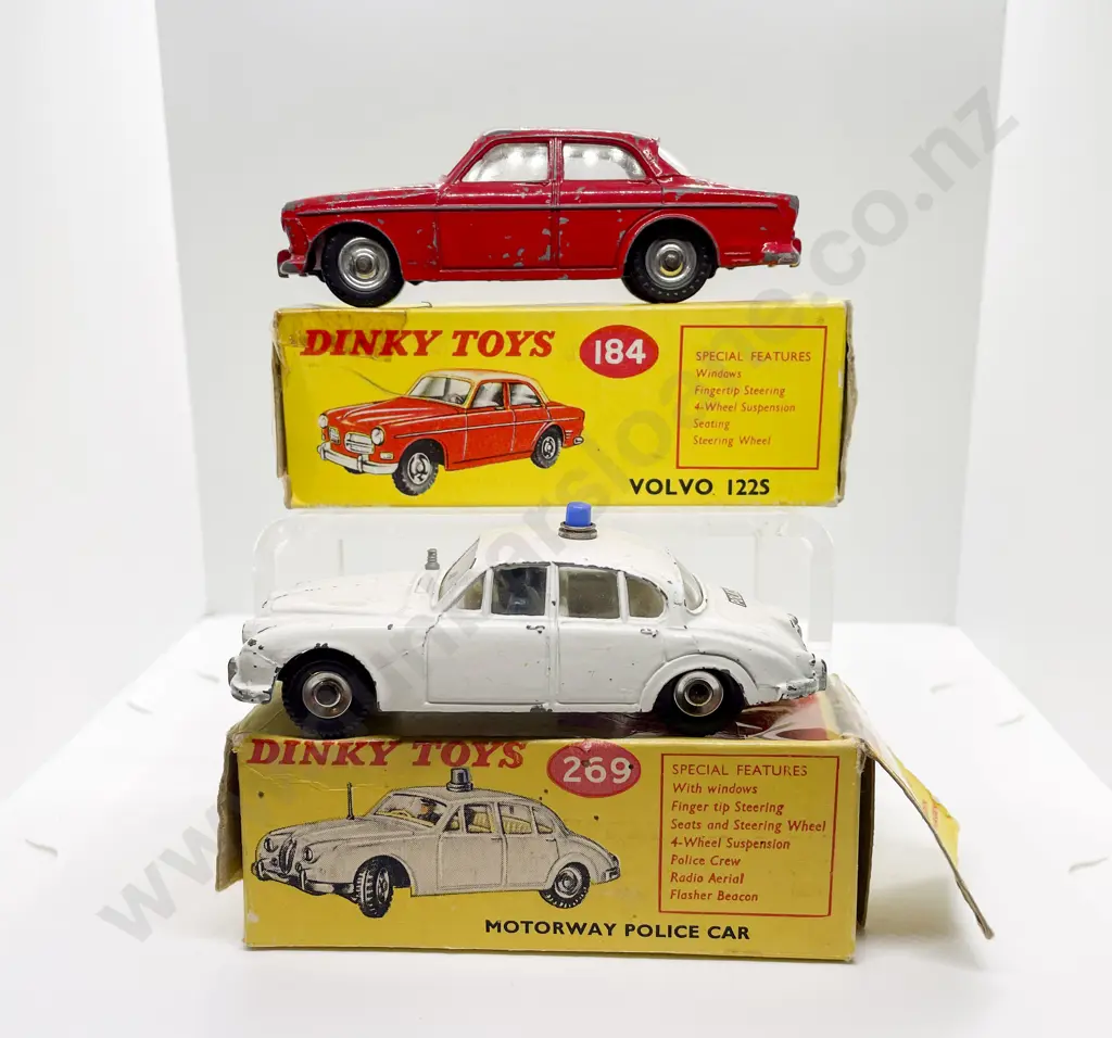 Dinky Boxed 269 Motorway Police Car and 184 Volvo 1225 playworn models Image 1++