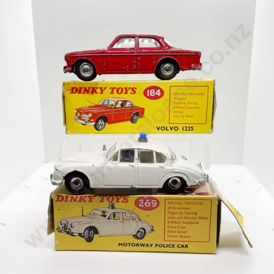 Dinky Boxed 269 Motorway Police Car and 184 Volvo 1225 playworn models