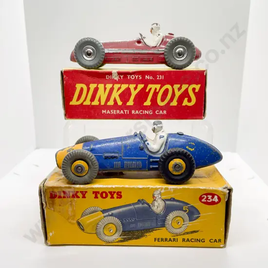 Dinky Boxed 234 Ferrari Racing Car and 231 Maserati Racing Car playworn models
