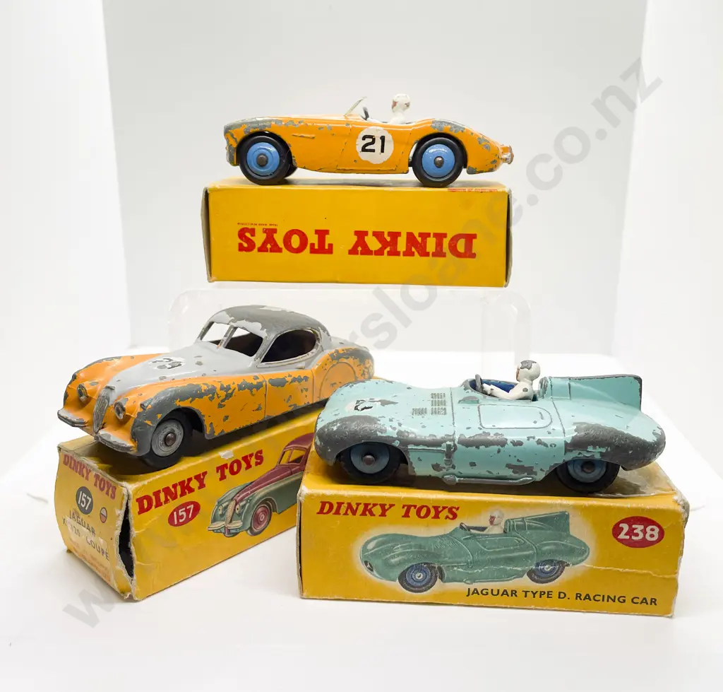 Dinky Boxed 157 Jaguar XK120 Coupe 238 Jaguar Type D Racing Car 109 Austin-Healey 100 Sports playworn models Image 1++