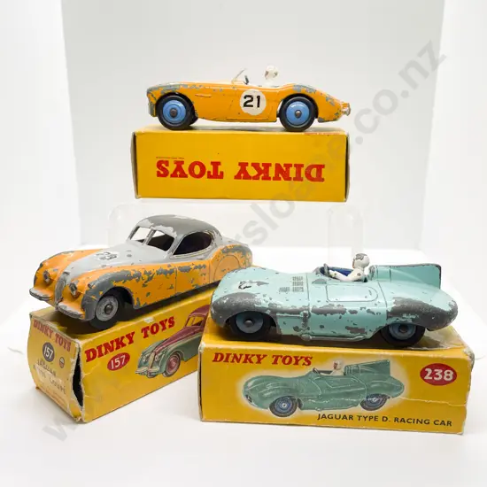 Dinky Boxed 157 Jaguar XK120 Coupe 238 Jaguar Type D Racing Car 109 Austin-Healey 100 Sports playworn models