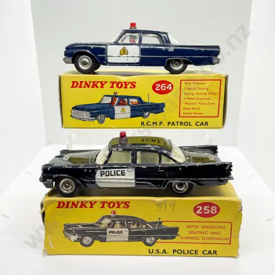 Dinky Boxed 264 RCMP Patrol Car and 258 USA Police Car playworn models