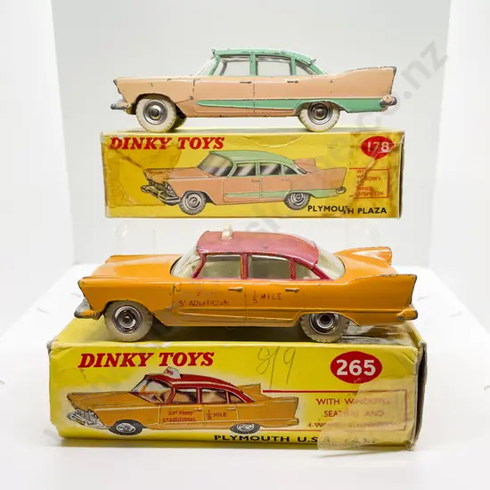 Dinky Boxed 178 Plymouth Plaza and 265 Plymouth USA Taxi playworn models
