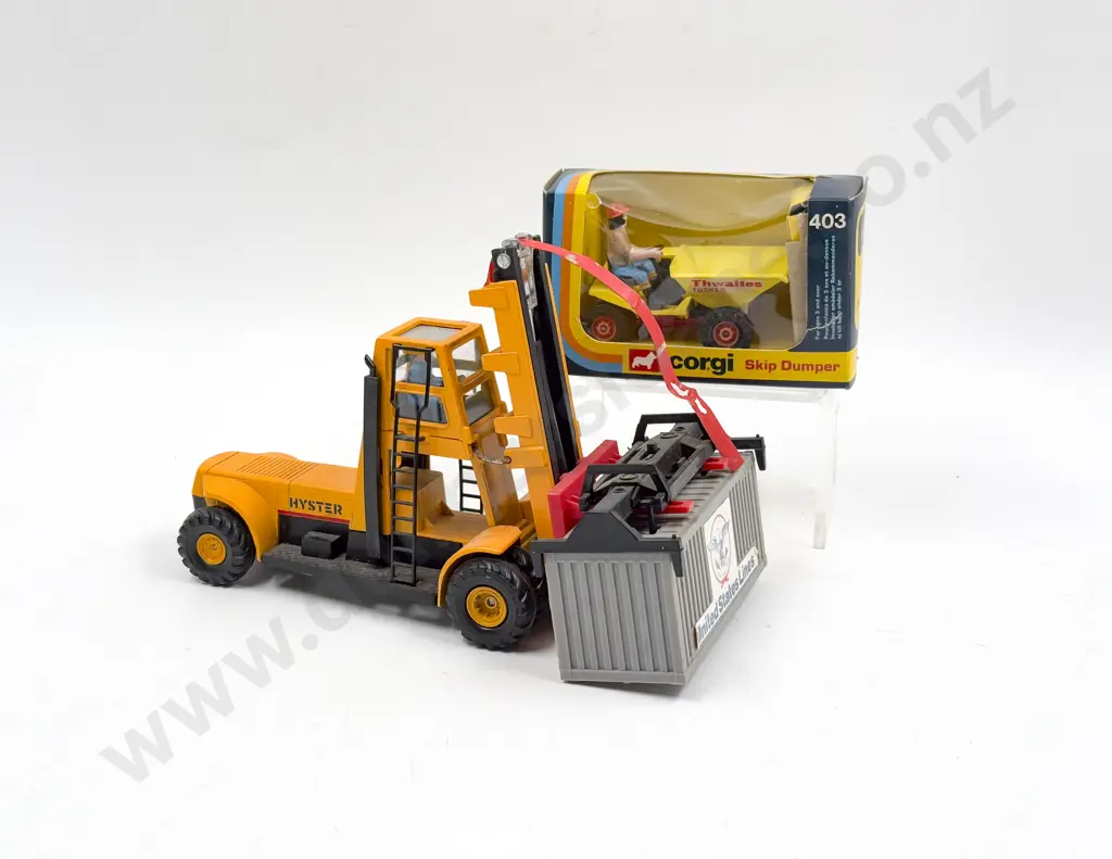 Corgi Boxed 403 Thwaites Tusker Skip Dumper and Unboxed Hyster Forklift Image 1++
