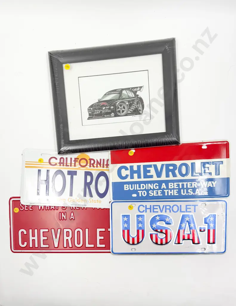 Four Printed Tin Chevrolet and Hot Road Car Plate Signs and Print Image 1++