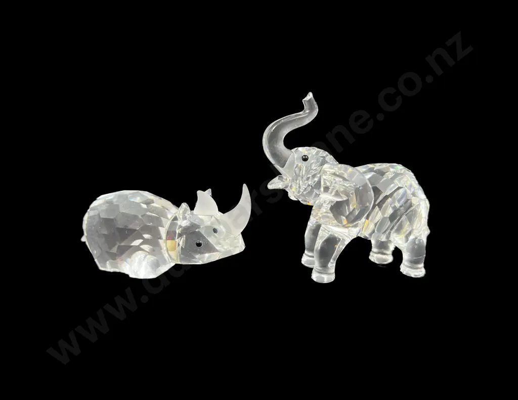 Two Boxed Swarovski Crystal Rhino & Baby Elephant Image 1++