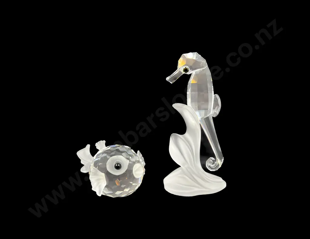 Two Boxed Swarovski Crystal Blowfish & Seahorse Image 1++