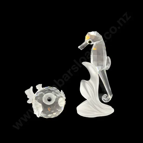Two Boxed Swarovski Crystal Blowfish & Seahorse
