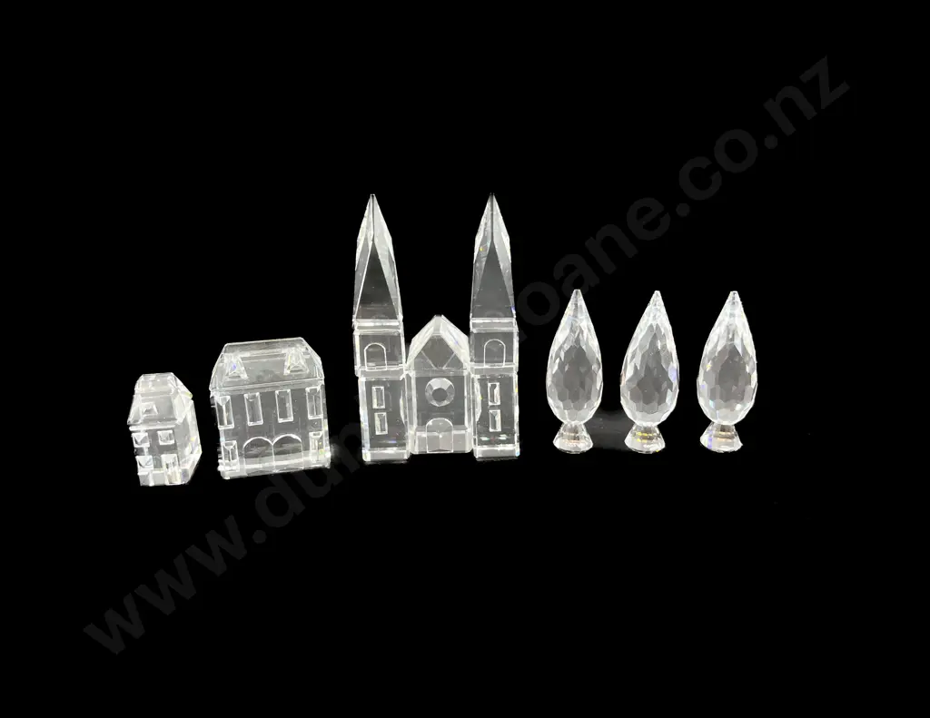 Three Boxed Swarovski Crystal Buildings & Trees Image 1++