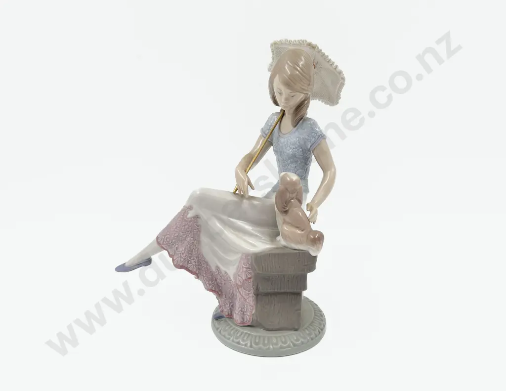 Lladro Figure of a Young Lady Holding Puppy & Lace Umbrella Image 1++