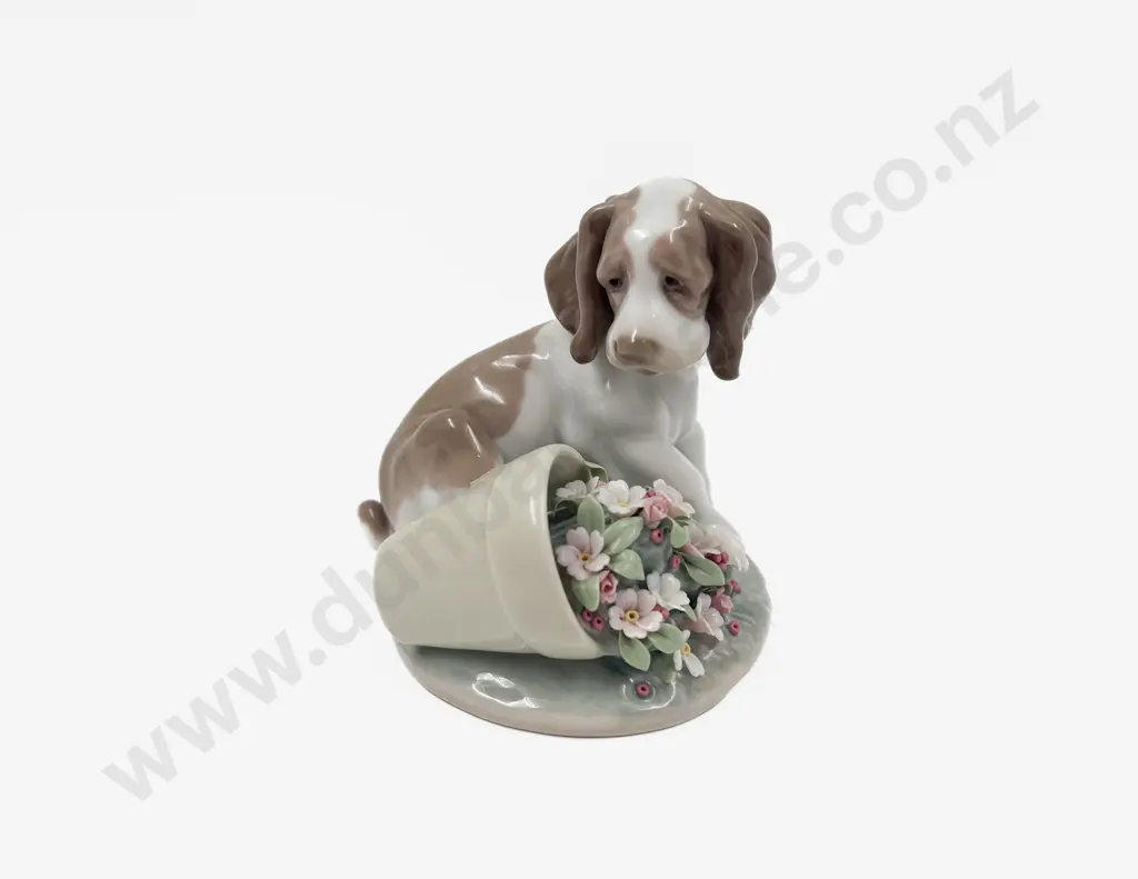 Lladro Figure of a Puppy with Spilled Flower Pot Image 1++