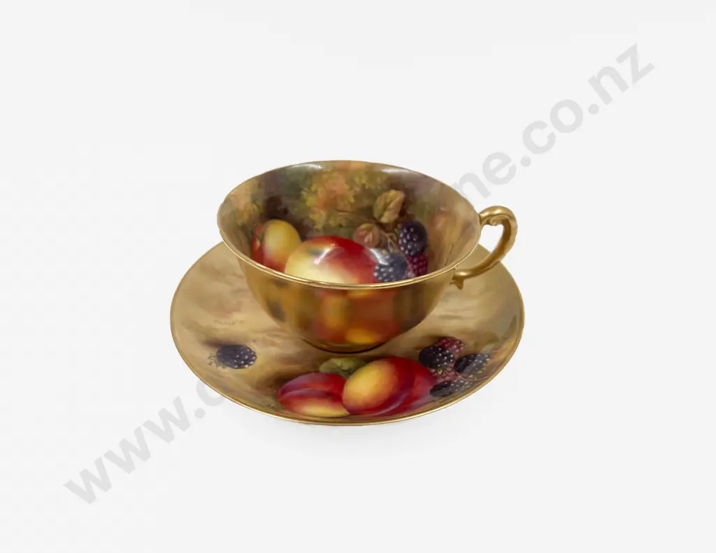 Royal Worcester Teacup & Saucer Painted Fruit Signed H Ayrton Image 1++