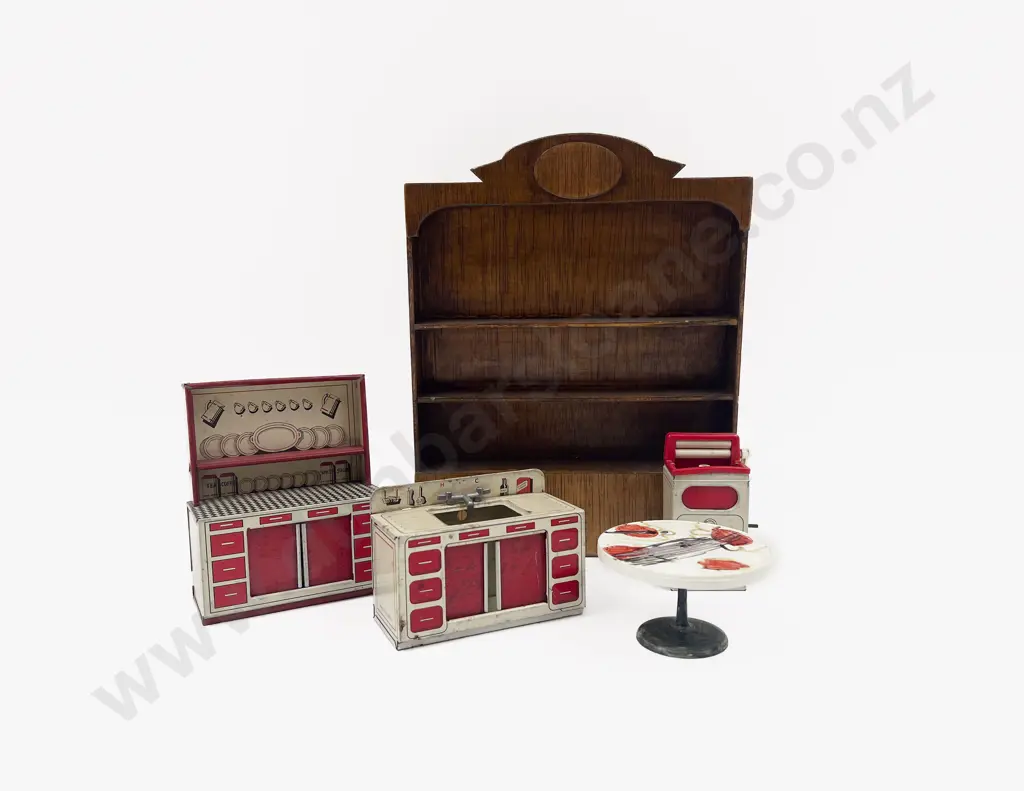Made in Great Britain Tin Plate Three Pieces Doll's Furniture Plastic Table & Wooden Dresser Image 1++