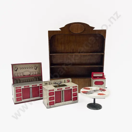Made in Great Britain Tin Plate Three Pieces Doll's Furniture Plastic Table & Wooden Dresser