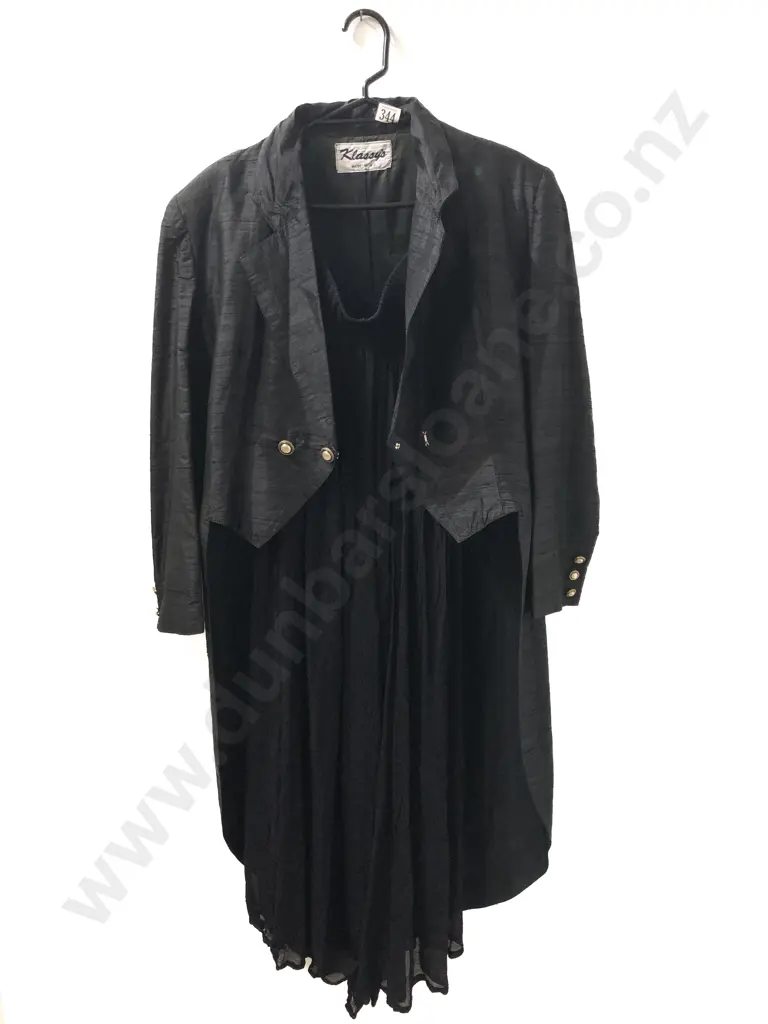 Vintage Made in NZ Klassy's Raw Black Silk Tailed Jacket & Skirt Image 1++