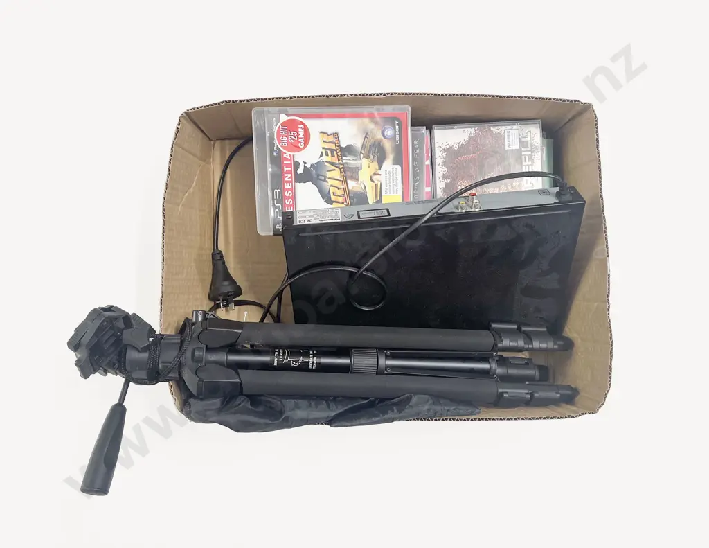 Box Quantity of Assorted CDs together with DVD Player & Tripod Image 1++
