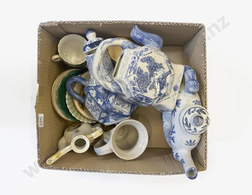 Box of Assorted China including Three Blue & White Teapots Image 1++