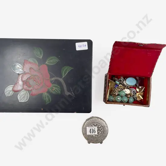 Lacquered Musical Jewellery Box together with Costume Jewellery & Silver Compact