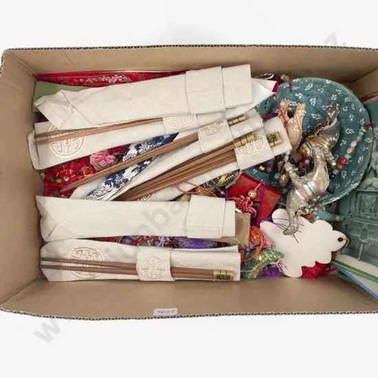 Box of Assorted Ornaments Chopsticks etc