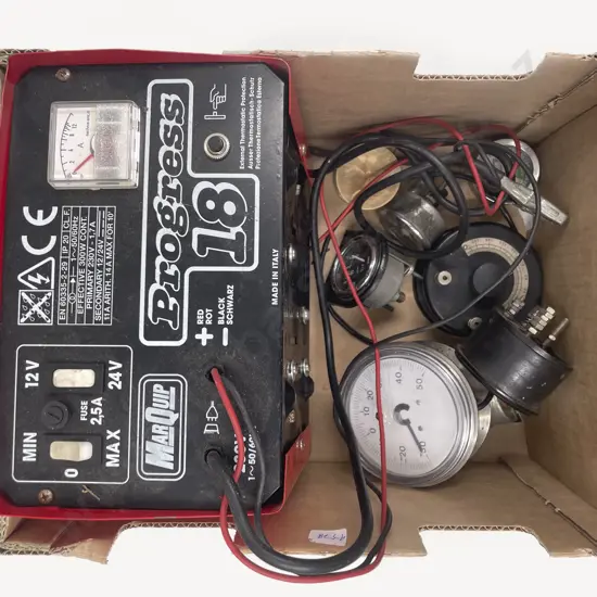 Box of Assorted Gauges together with 12V/24V Battery