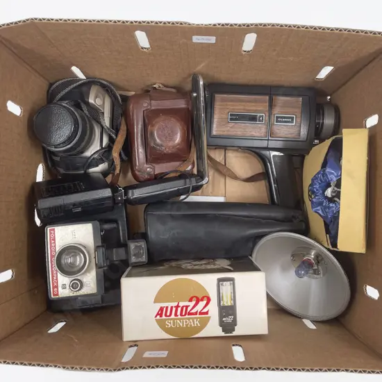 Box of Assorted Vintage Cameras and Accessories