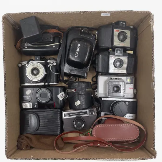 Box of Assorted Vintage Cameras and Accessories