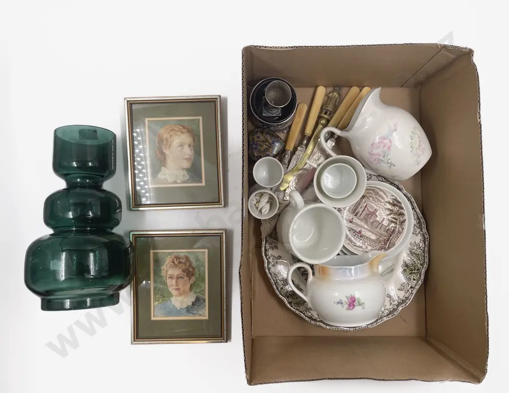 Box of Assorted including Cutlery Art Glass Vase & China etc Image 1++