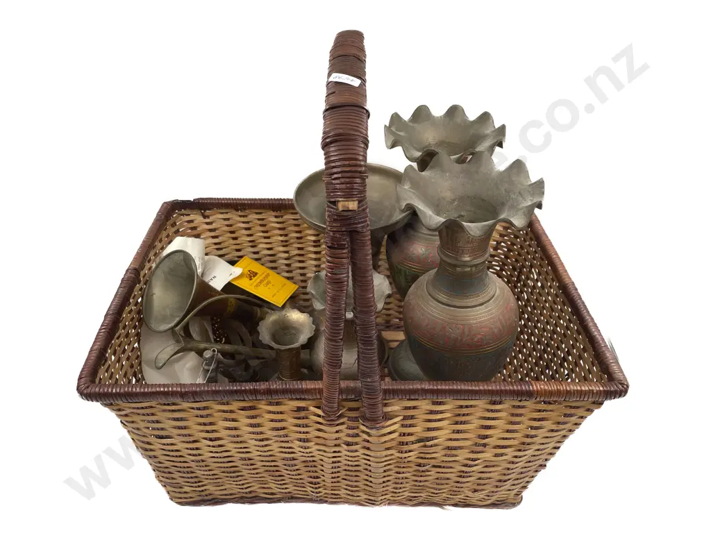 Cane Basket of Assorted Indian Benares Brass Vases etc Image 1++