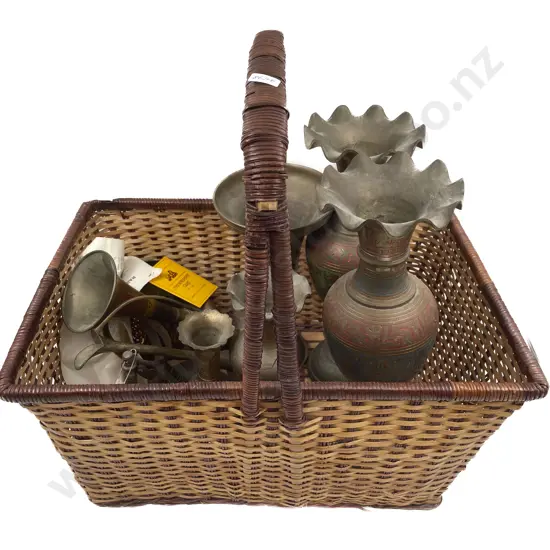 Cane Basket of Assorted Indian Benares Brass Vases etc