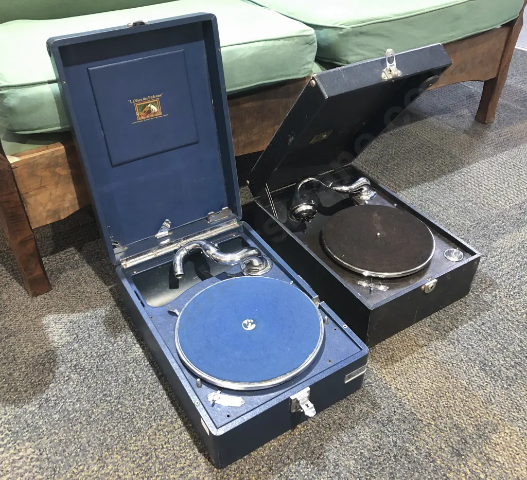 Two His Masters Voice Table Top Gramophones in Travel Cases Image 1++