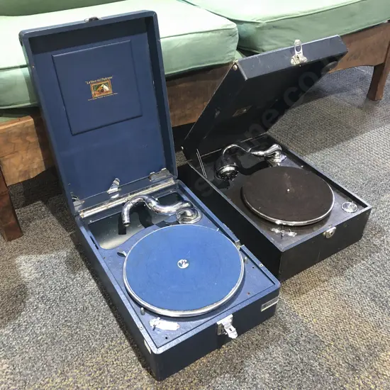 Two His Masters Voice Table Top Gramophones in Travel Cases