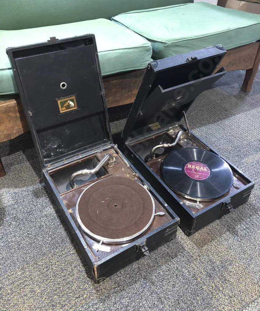 Two His Masters Voice Table Top Gramophones in Travel Cases Image 1++
