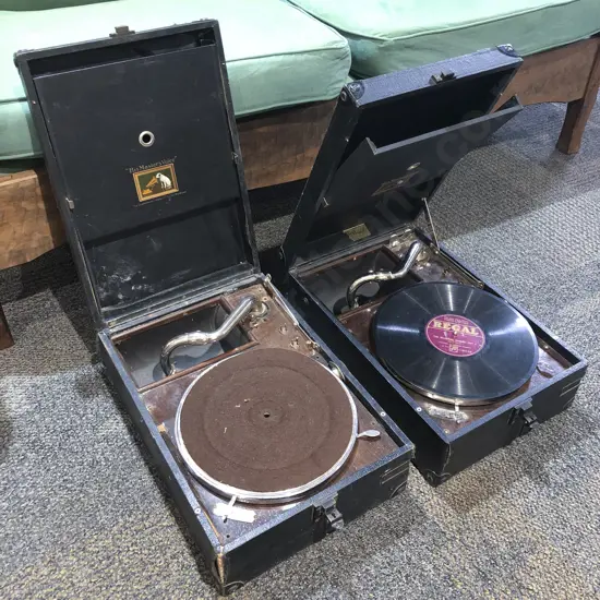 Two His Masters Voice Table Top Gramophones in Travel Cases