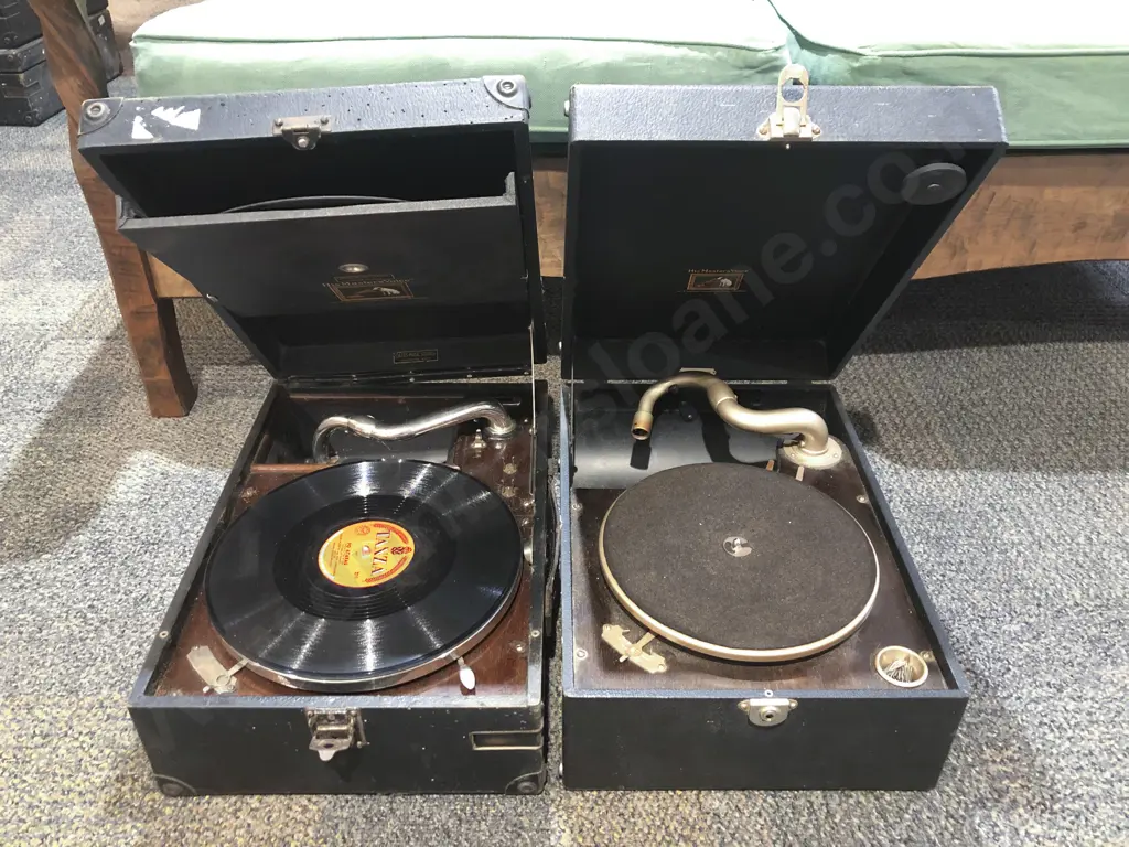 Two His Masters Voice Table Top Gramophones in Travel Cases Image 1++