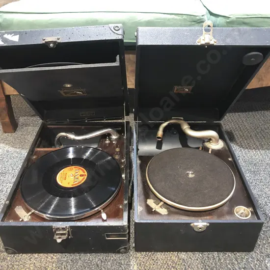 Two His Masters Voice Table Top Gramophones in Travel Cases
